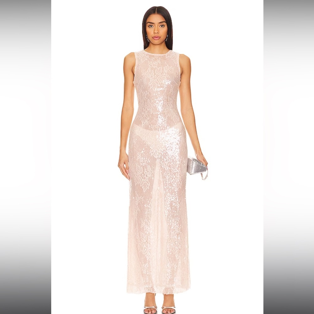 Camila Coelho Sheer Lace Maxi Dress in Light Pink